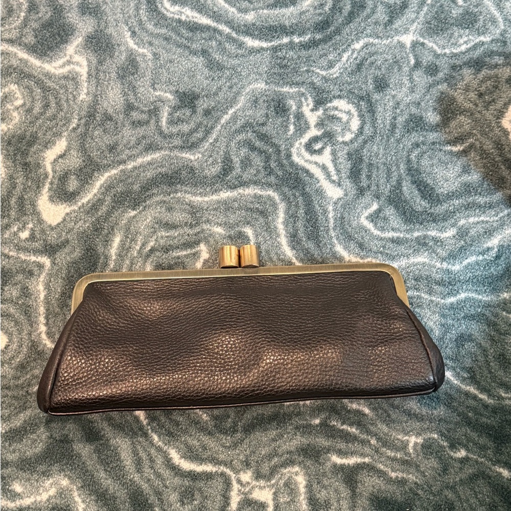 Black Leather Pebbled Clutch with Gold Accents
